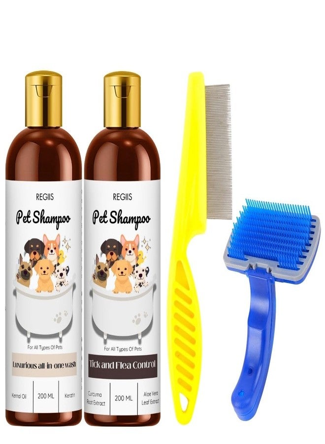 REGIIS Regis Pet Shampoo Set with Grooming Brush, 200ml Tick and Flea Control, All-in-One Wash for Dogs(Pack of 4) - Image 1